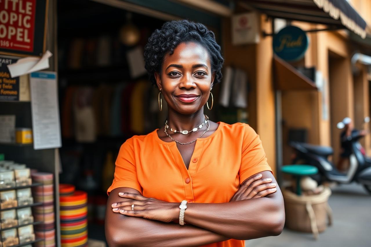 Empresária moçambicana em frente ao seu negócio